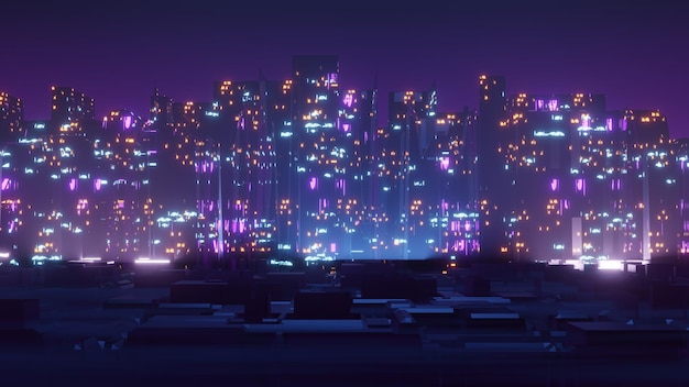 Representación 3d del concepto de paisaje de la ciudad nocturna de Cyber punk Luz que brilla intensamente en la escena oscura Vida nocturna Red de tecnología para 5g Más allá de la generación y futurista de SciFi Ciudad capital y escena de construcción