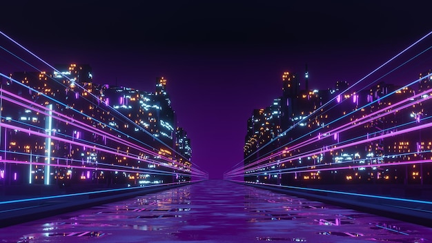 Representación 3d del concepto de paisaje de la ciudad nocturna de Cyber punk Luz que brilla intensamente en la escena oscura Vida nocturna Red de tecnología para 5g Más allá de la generación y futurista de SciFi Ciudad capital y escena de construcción