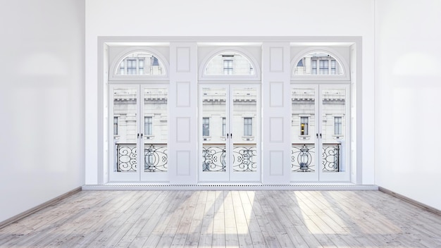 Foto representación 3d de un concepto de salón moderno vacío con paredes blancas y ventanas francesas arqueadas