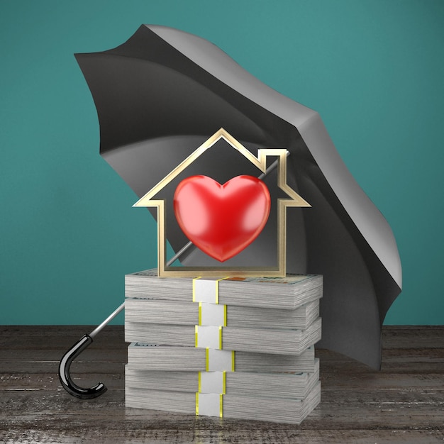 Representación 3D del concepto de seguro de forma de corazón de paraguas de forma de casa