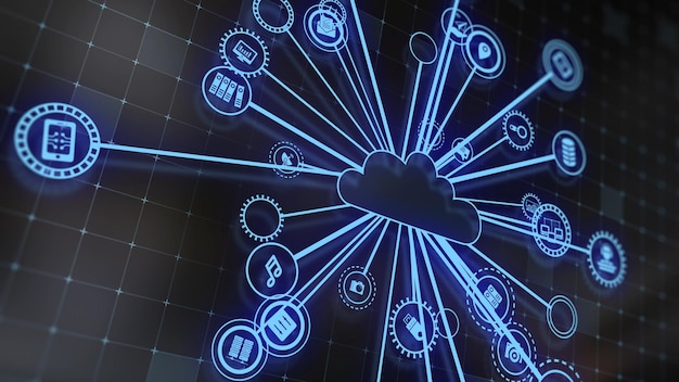 Representación 3D del concepto de tecnologías en la nube y procesamiento de datos del servidor