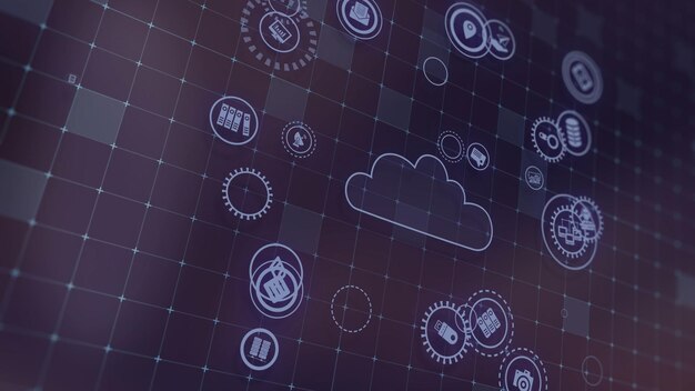 Representación 3D del concepto de tecnologías en la nube y procesamiento de datos del servidor