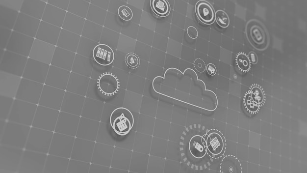 Representación 3D del concepto de tecnologías en la nube y procesamiento de datos del servidor