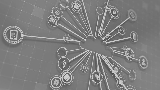 Representación 3D del concepto de tecnologías en la nube y procesamiento de datos del servidor