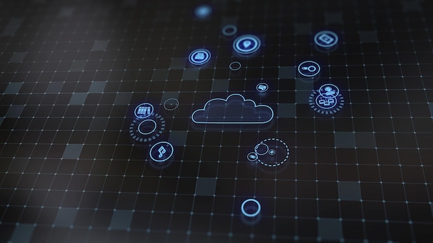 Representación 3D del concepto de tecnologías en la nube y procesamiento de datos del servidor