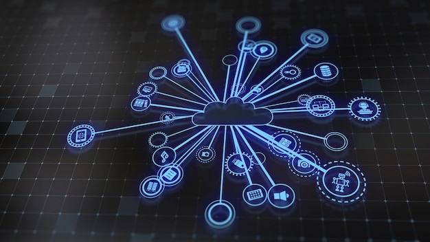 Representación 3D del concepto de tecnologías en la nube y procesamiento de datos del servidor