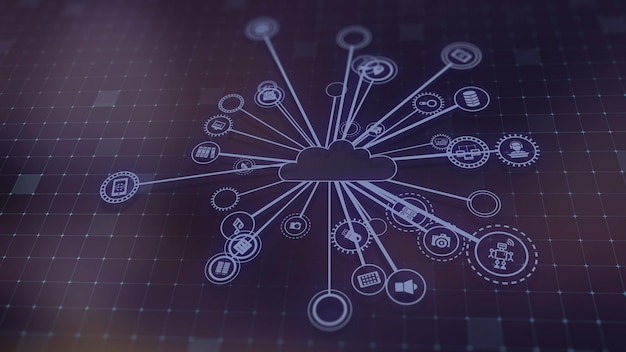 Representación 3D del concepto de tecnologías en la nube y procesamiento de datos del servidor