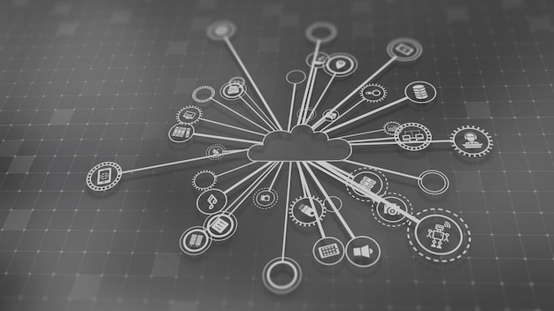 Representación 3D del concepto de tecnologías en la nube y procesamiento de datos del servidor