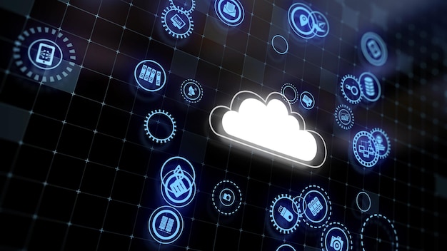 Representación 3D del concepto de tecnologías en la nube y procesamiento de datos del servidor