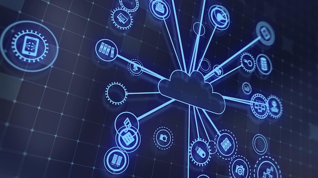 Representación 3D del concepto de tecnologías en la nube y procesamiento de datos del servidor