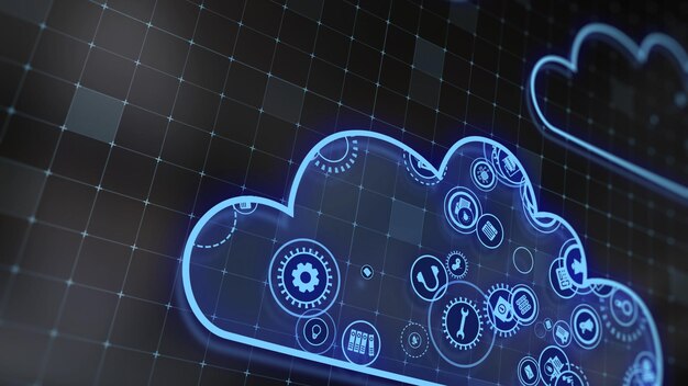 Foto representación 3d del concepto de tecnologías en la nube y procesamiento de datos del servidor