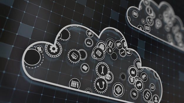 Representación 3D del concepto de tecnologías en la nube y procesamiento de datos del servidor