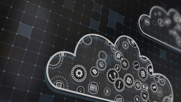 Representación 3D del concepto de tecnologías en la nube y procesamiento de datos del servidor