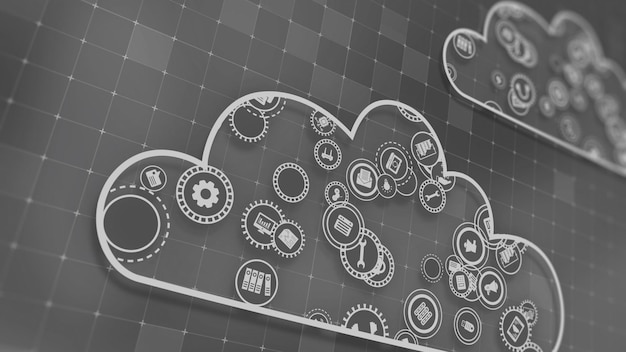 Representación 3D del concepto de tecnologías en la nube y procesamiento de datos del servidor