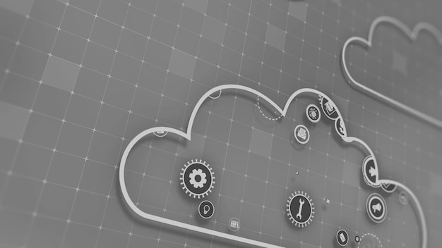 Representación 3D del concepto de tecnologías en la nube y procesamiento de datos del servidor