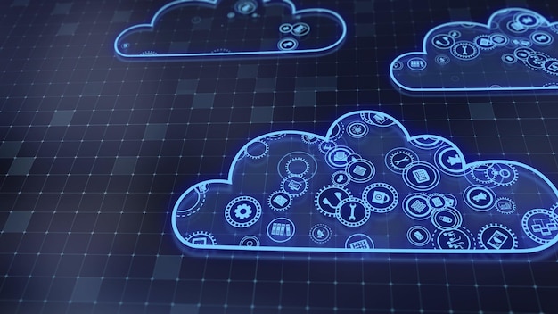 Representación 3D del concepto de tecnologías en la nube y procesamiento de datos del servidor