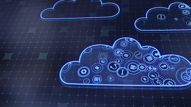 Representación 3D del concepto de tecnologías en la nube y procesamiento de datos del servidor