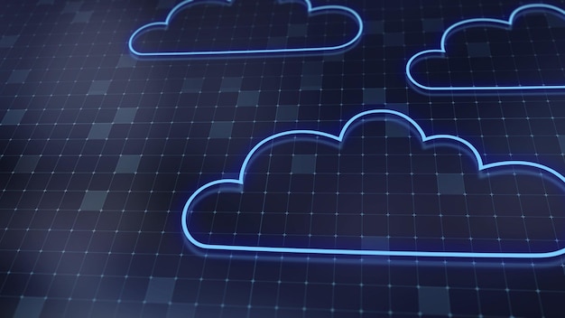 Representación 3D del concepto de tecnologías en la nube y procesamiento de datos del servidor