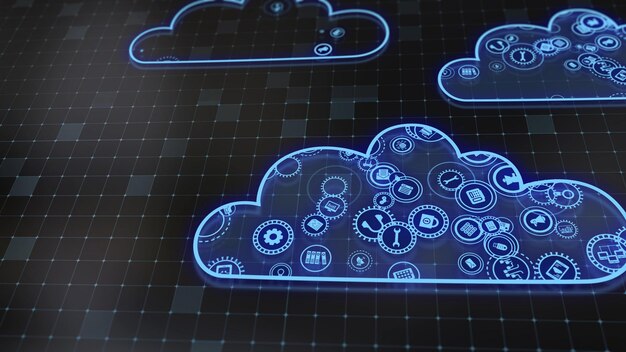 Representación 3D del concepto de tecnologías en la nube y procesamiento de datos del servidor