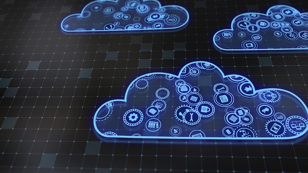 Foto representación 3d del concepto de tecnologías en la nube y procesamiento de datos del servidor