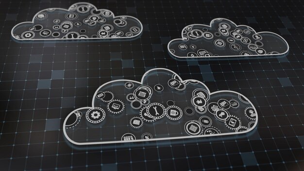 Representación 3D del concepto de tecnologías en la nube y procesamiento de datos del servidor