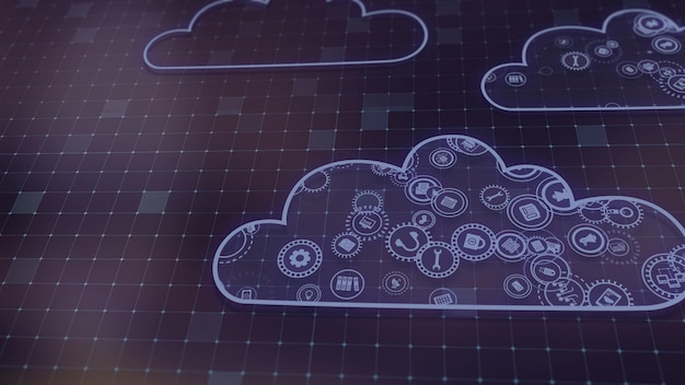 Representación 3D del concepto de tecnologías en la nube y procesamiento de datos del servidor