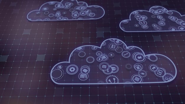 Representación 3D del concepto de tecnologías en la nube y procesamiento de datos del servidor