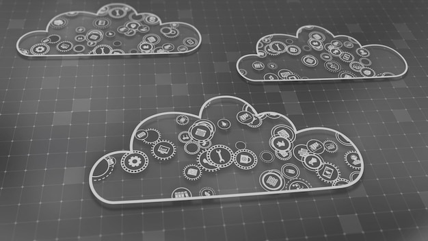 Representación 3D del concepto de tecnologías en la nube y procesamiento de datos del servidor