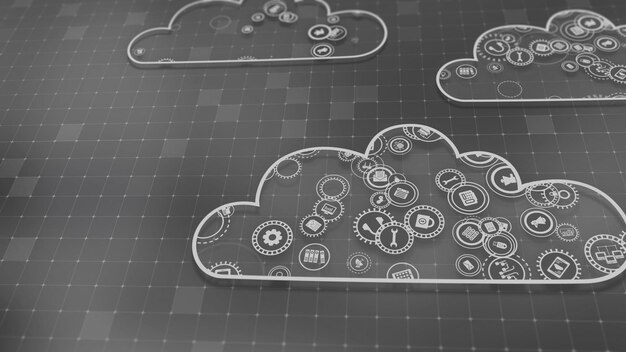 Representación 3D del concepto de tecnologías en la nube y procesamiento de datos del servidor