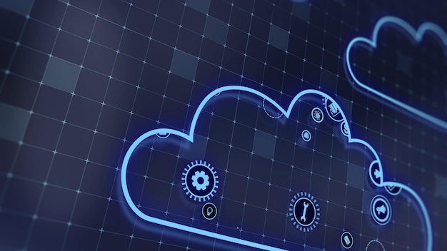 Representación 3D del concepto de tecnologías en la nube y procesamiento de datos del servidor