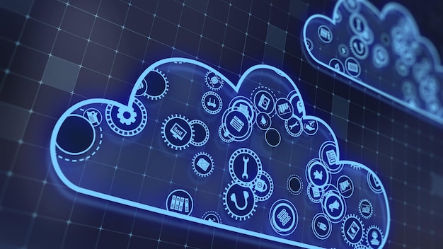 Representación 3D del concepto de tecnologías en la nube y procesamiento de datos del servidor