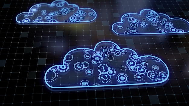 Representación 3D del concepto de tecnologías en la nube y procesamiento de datos del servidor