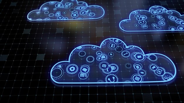 Foto representación 3d del concepto de tecnologías en la nube y procesamiento de datos del servidor