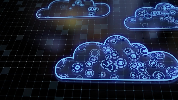 Representación 3D del concepto de tecnologías en la nube y procesamiento de datos del servidor