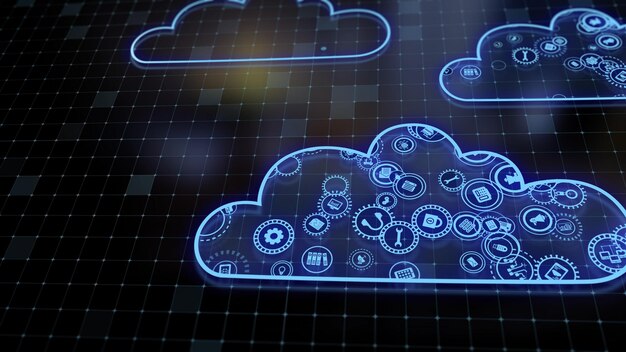 Representación 3D del concepto de tecnologías en la nube y procesamiento de datos del servidor