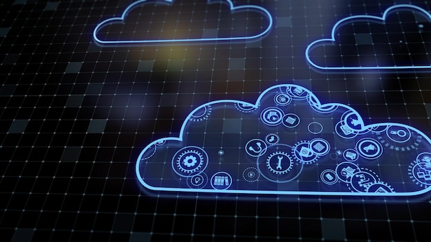 Representación 3D del concepto de tecnologías en la nube y procesamiento de datos del servidor
