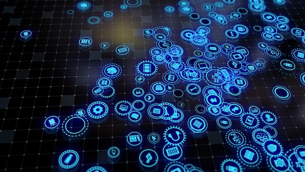Representación 3D del concepto de tecnologías en la nube y procesamiento de datos del servidor