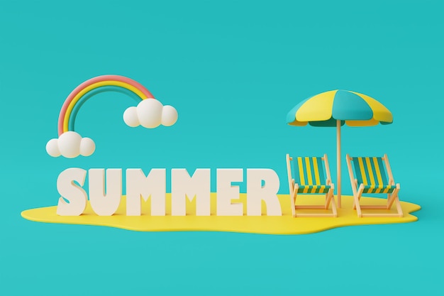 Foto representación 3d del concepto de vacaciones de verano con elementos coloridos de verano estilo minimalista render 3d