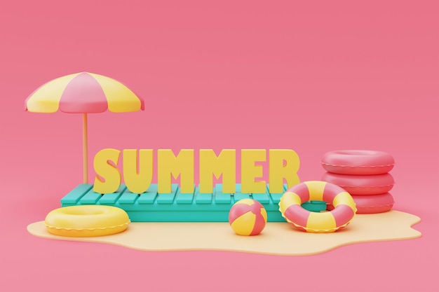 Representación 3d del concepto de vacaciones de verano con elementos coloridos de verano estilo minimalista render 3d