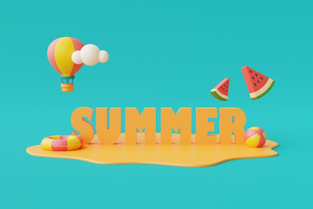 Representación 3d del concepto de vacaciones de verano con elementos coloridos de verano estilo minimalista render 3d