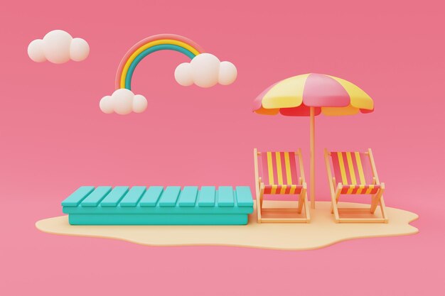 Representación 3d del concepto de vacaciones de verano Exhibición de maqueta azul con sillas de playaparaguas y elementos coloridos de veranoestilo minimalistarender 3d
