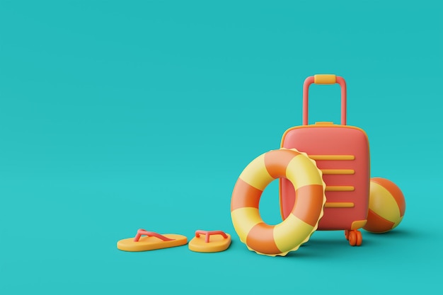 Representación 3d del concepto de vacaciones de verano con maleta y elementos coloridos de verano estilo minimalista3d renderxA