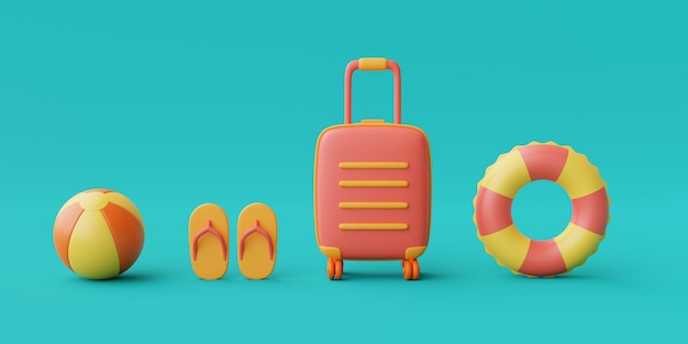 Representación 3d del concepto de vacaciones de verano con maleta y elementos coloridos de verano estilo minimalista3d renderxA