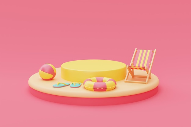 Representación 3d del concepto de vacaciones de verano con silla de playa y elementos de verano estilo minimalista render 3d