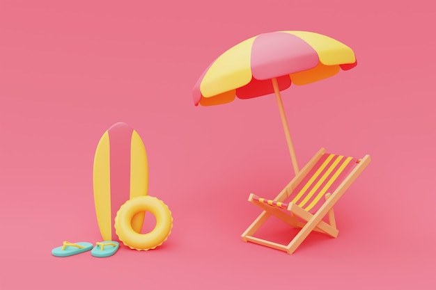 Foto representación 3d del concepto de vacaciones de verano con silla de playa y sombrillaelementos de veranoestilo minimalistarender 3d