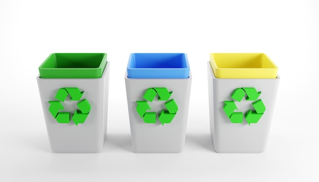 Foto representación 3d de un conjunto de botes de basura reciclaje de separación de basura por concepto de reciclaje