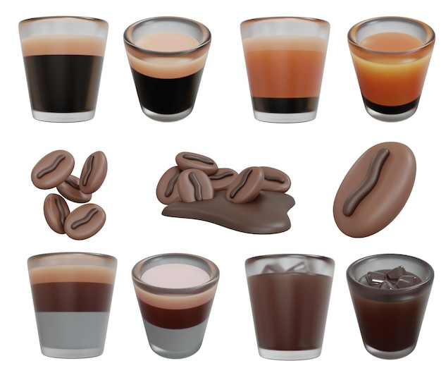 Representación 3D de un conjunto de diferentes tipos de bebidas de café en vidrio transparente y frijol aislado en blanco estilo de dibujos animados de presentación 3d