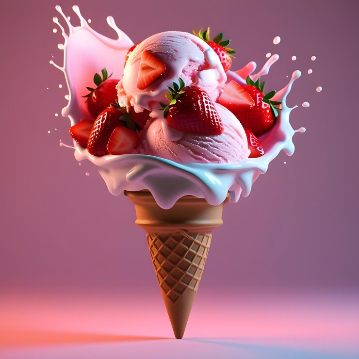 Una representación en 3D de un cono de helado Alphonso de fresa