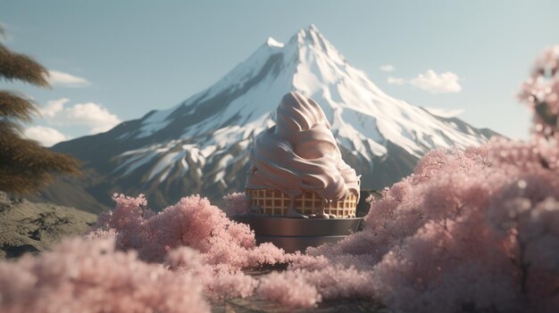 Una representación 3d de un cono de helado de chocolate con flores de cerezo rosas en el fondo.