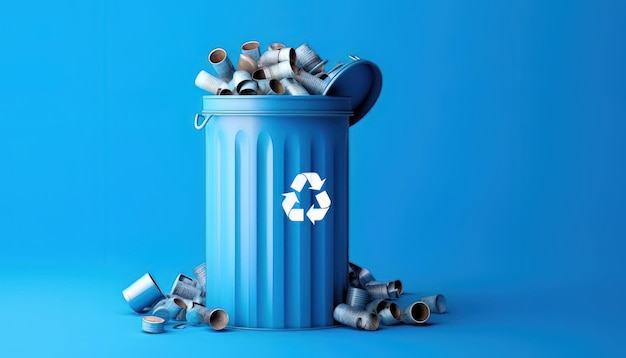 representación en 3D de un contenedor de reciclaje con el símbolo de reciclado en fondo azul
